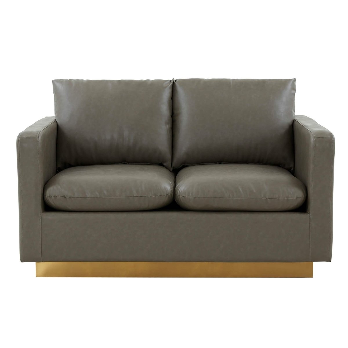 Nervo Upholstered Velvet/Leather Loveseat with Gold Stainless Steel Base Leather Grey Sofa Leisuremod