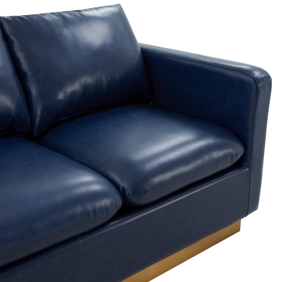 Nervo Upholstered Velvet/Leather Loveseat with Gold Stainless Steel Base Leather Navy Blue Sofa Leisuremod