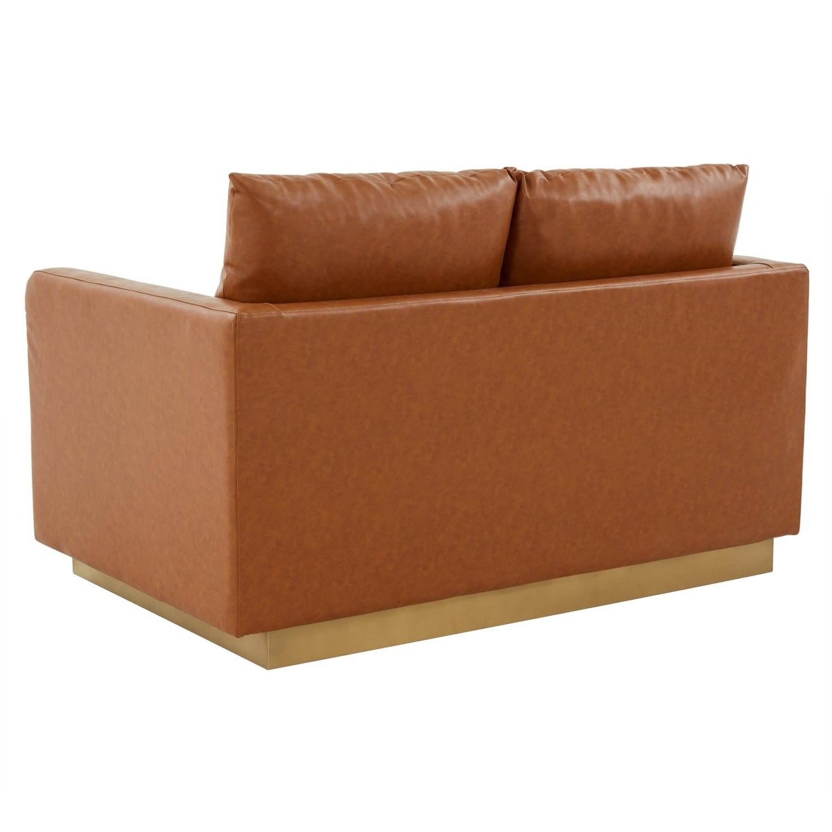 Nervo Upholstered Velvet/Leather Loveseat with Gold Stainless Steel Base Leather Cognac Tan Sofa Leisuremod