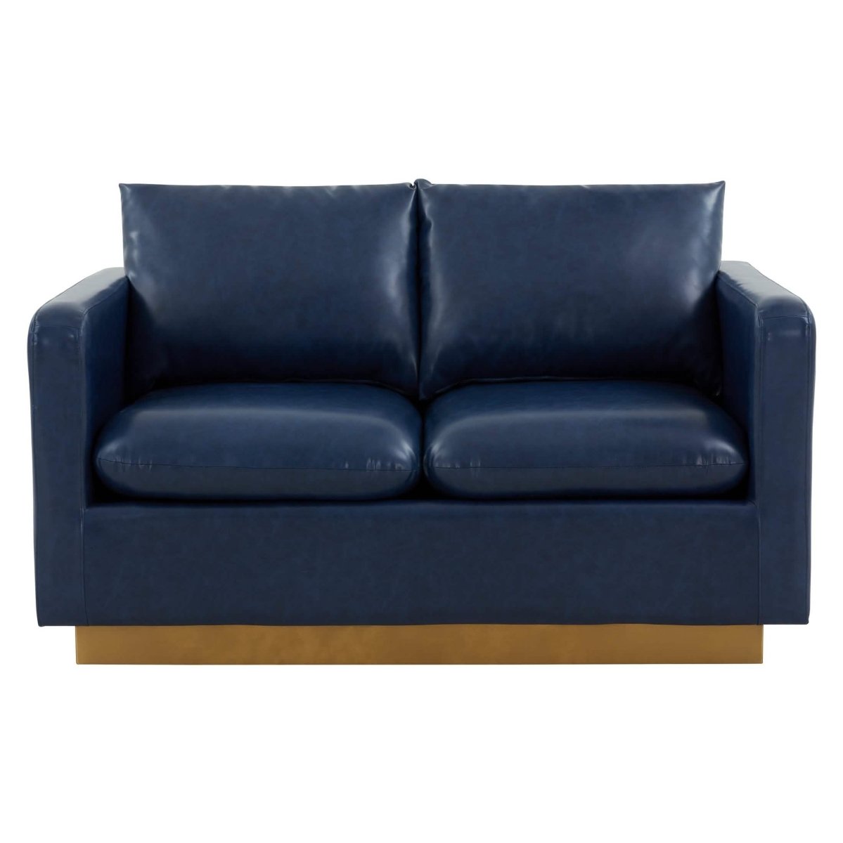 Nervo Upholstered Velvet/Leather Loveseat with Gold Stainless Steel Base Leather Navy Blue Sofa Leisuremod