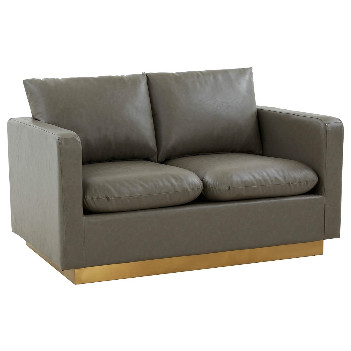 Nervo Upholstered Velvet/Leather Loveseat with Gold Stainless Steel Base Leather Grey Sofa Leisuremod
