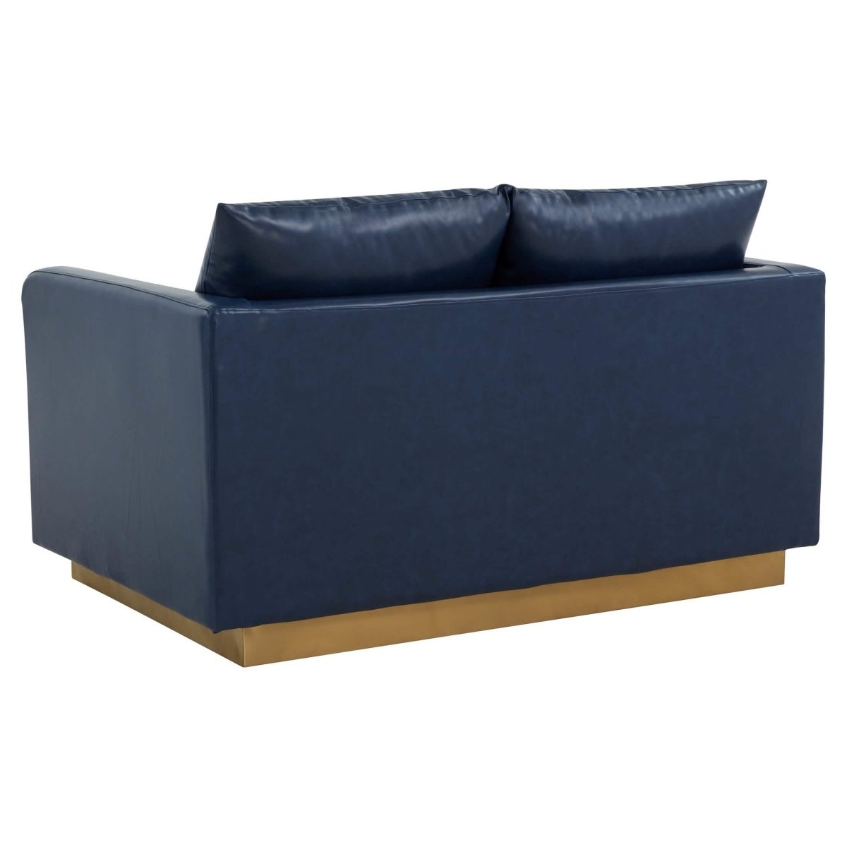 Nervo Upholstered Velvet/Leather Loveseat with Gold Stainless Steel Base Leather Navy Blue Sofa Leisuremod