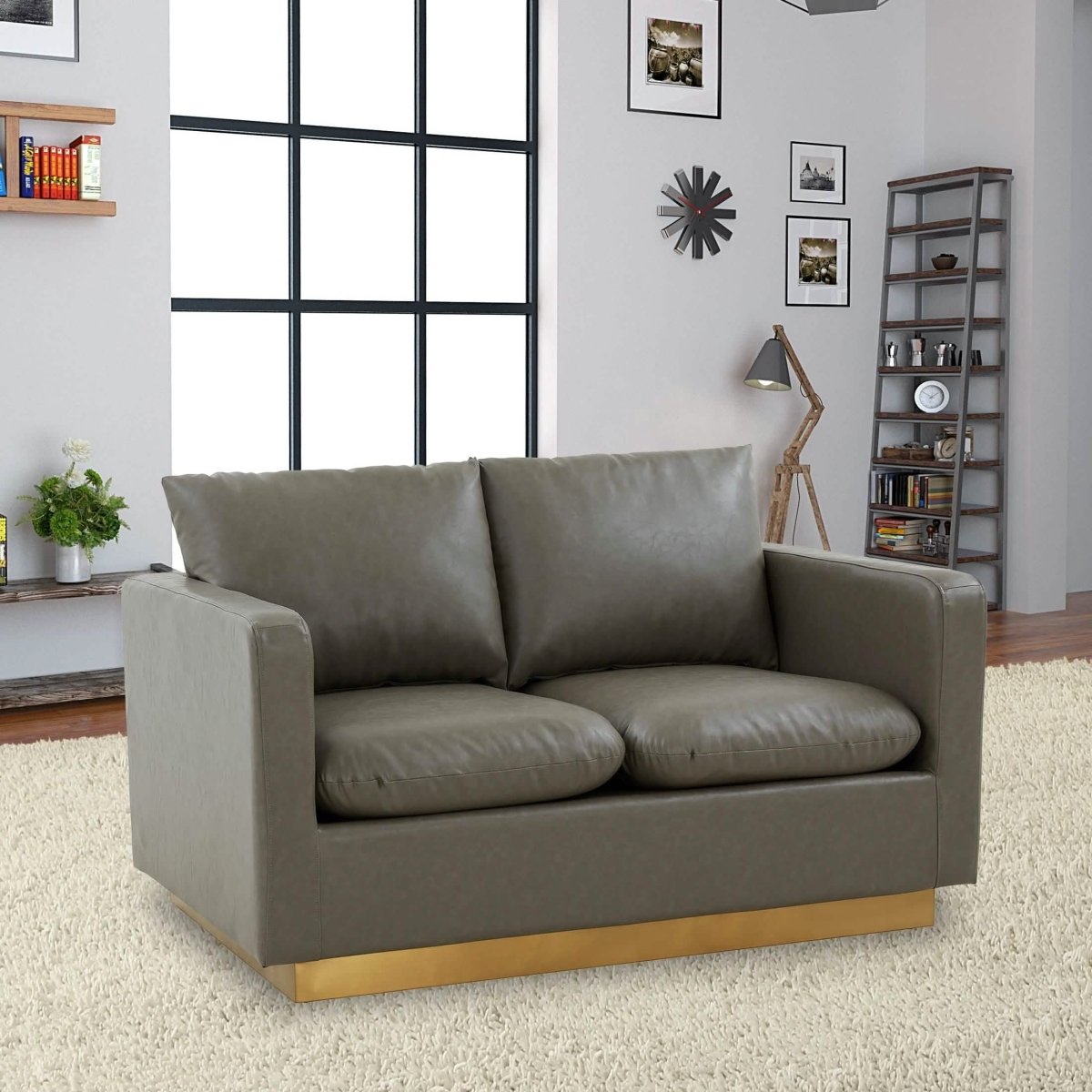 Nervo Upholstered Velvet/Leather Loveseat with Gold Stainless Steel Base Leather Grey Sofa Leisuremod
