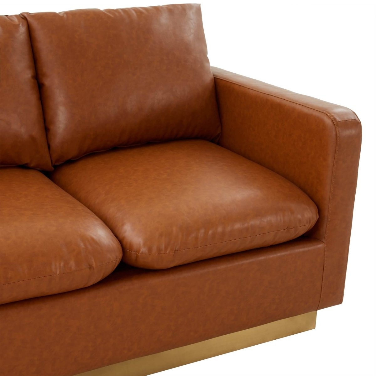 Nervo Upholstered Velvet/Leather Loveseat with Gold Stainless Steel Base Leather Cognac Tan Sofa Leisuremod