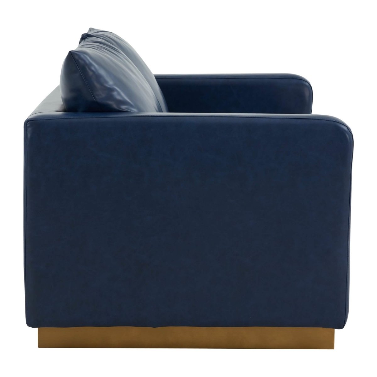 Nervo Upholstered Velvet/Leather Loveseat with Gold Stainless Steel Base Leather Navy Blue Sofa Leisuremod