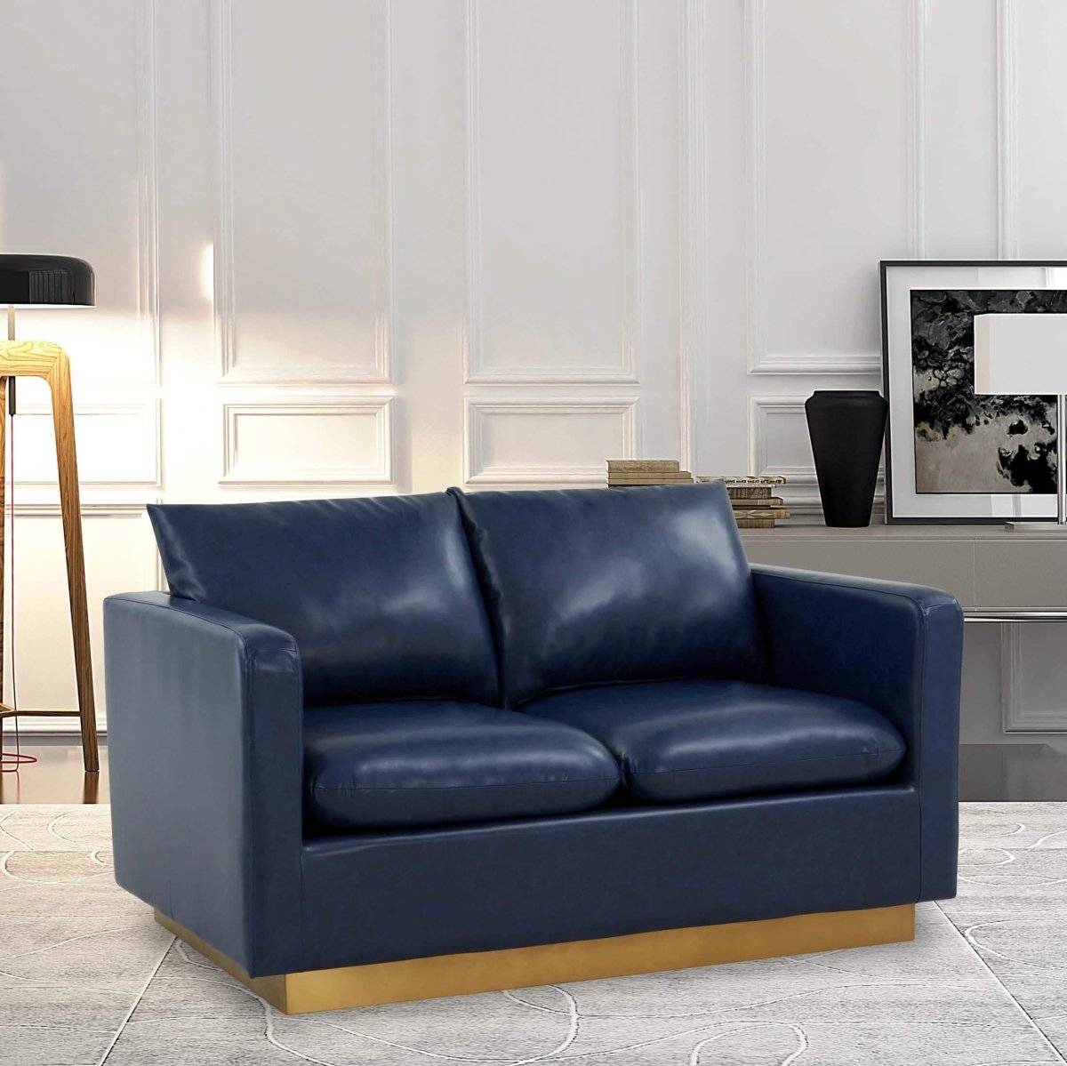 Nervo Upholstered Velvet/Leather Loveseat with Gold Stainless Steel Base Leather Navy Blue Sofa Leisuremod