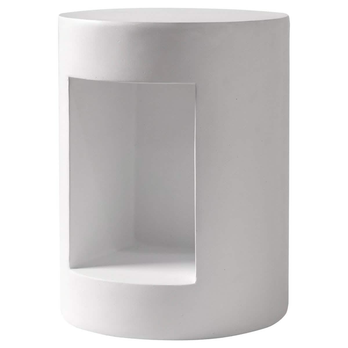 Nook 14" Wide Round Fiberstone Side Table With Open Storage Compartment White Side Table Leisuremod