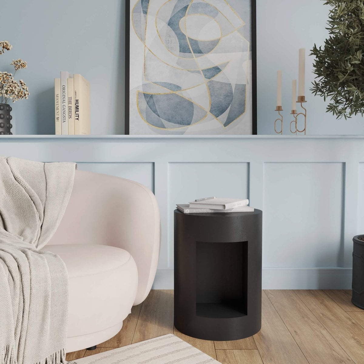 Nook 14" Wide Round Fiberstone Side Table With Open Storage Compartment Black Side Table Leisuremod