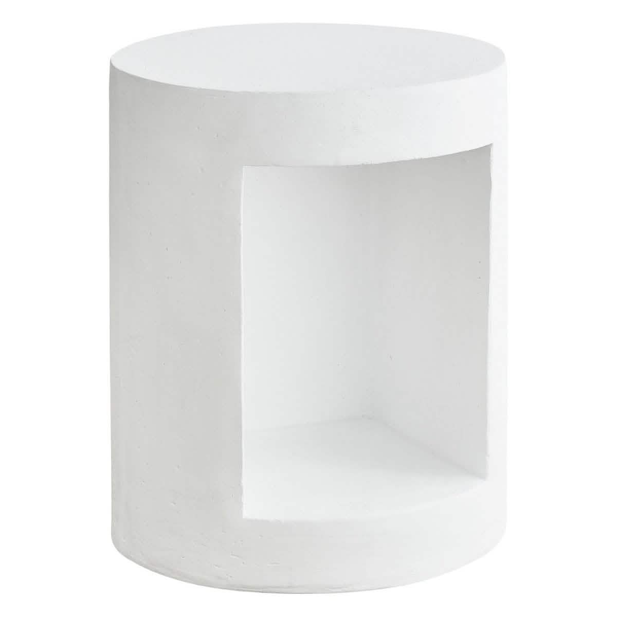 Nook 14" Wide Round Fiberstone Side Table With Open Storage Compartment White Side Table Leisuremod