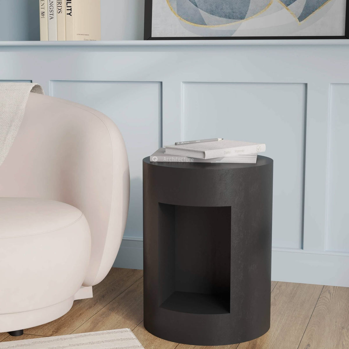 Nook 14" Wide Round Fiberstone Side Table With Open Storage Compartment Black Side Table Leisuremod