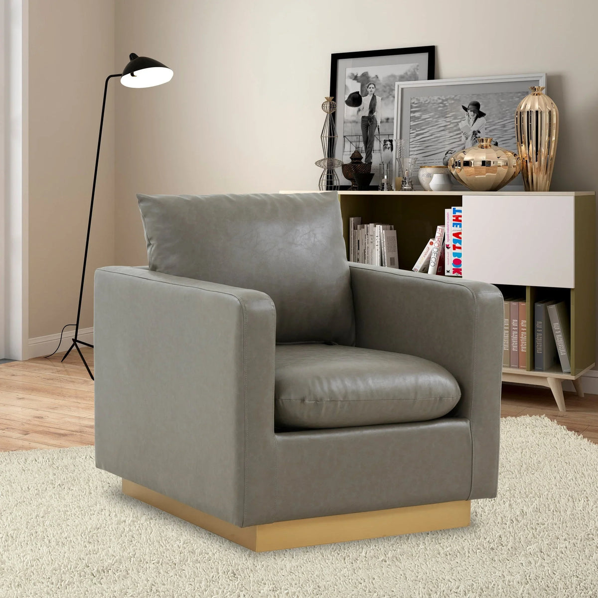 Nervo Modern Mid-Century Upholstered Velvet/Leather Accent Chair with Gold Base - Elax Furniture