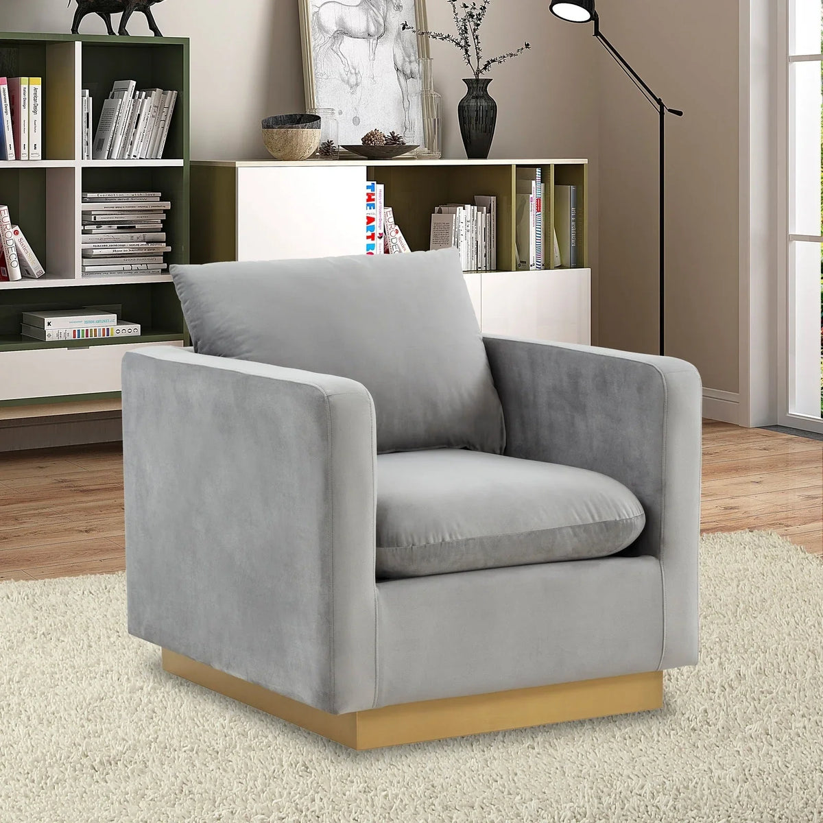 Nervo Modern Mid-Century Upholstered Velvet/Leather Accent Chair with Gold Base - Elax Furniture