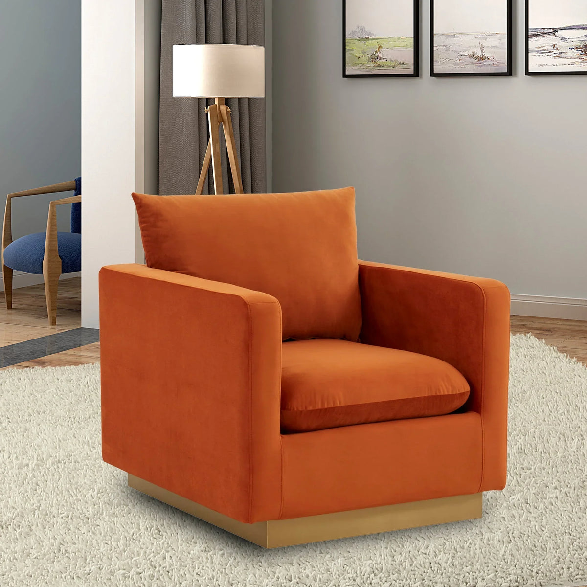Nervo Modern Mid-Century Upholstered Velvet/Leather Accent Chair with Gold Base - Elax Furniture