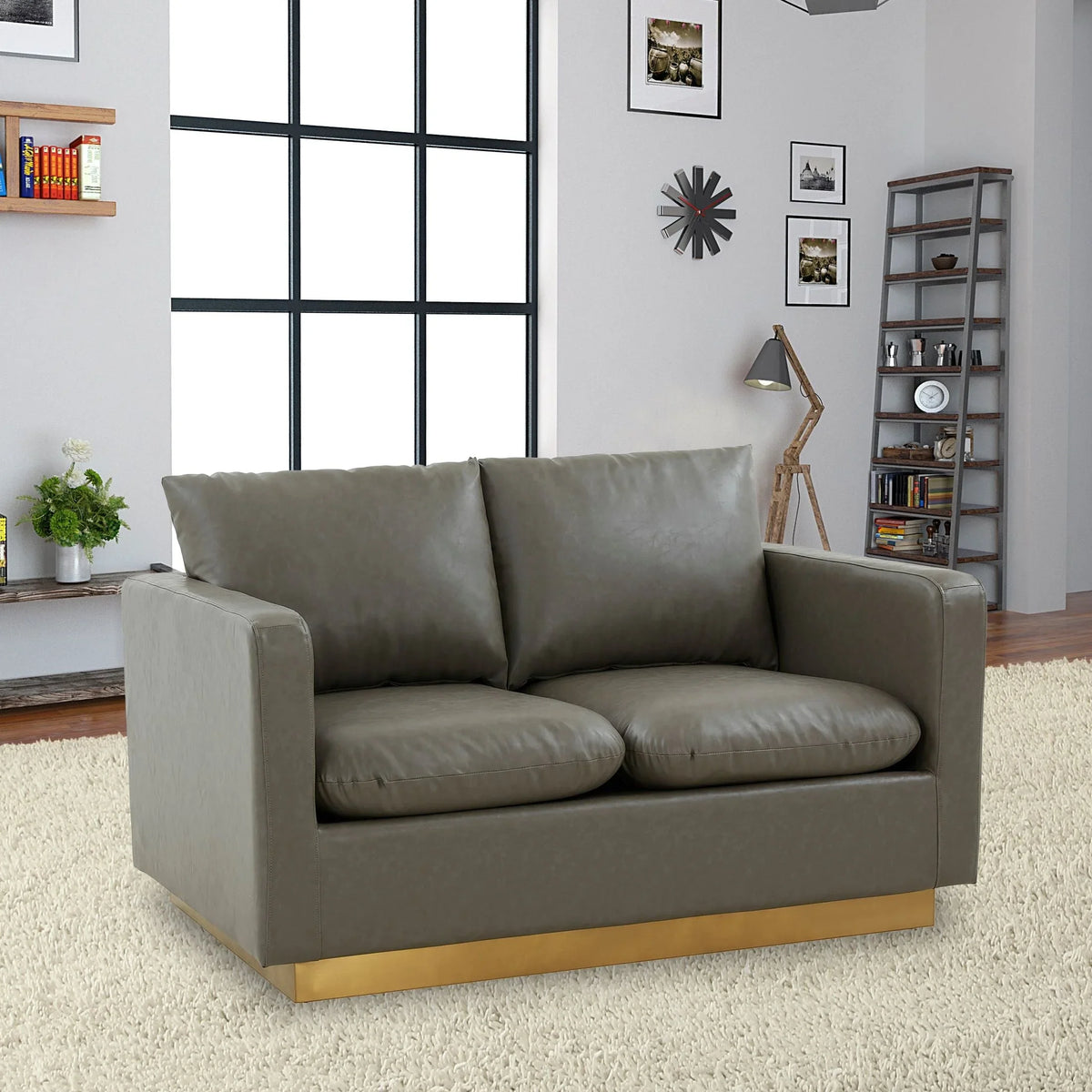 Nervo Upholstered Velvet/Leather Loveseat with Gold Stainless Steel Base - Elax Furniture
