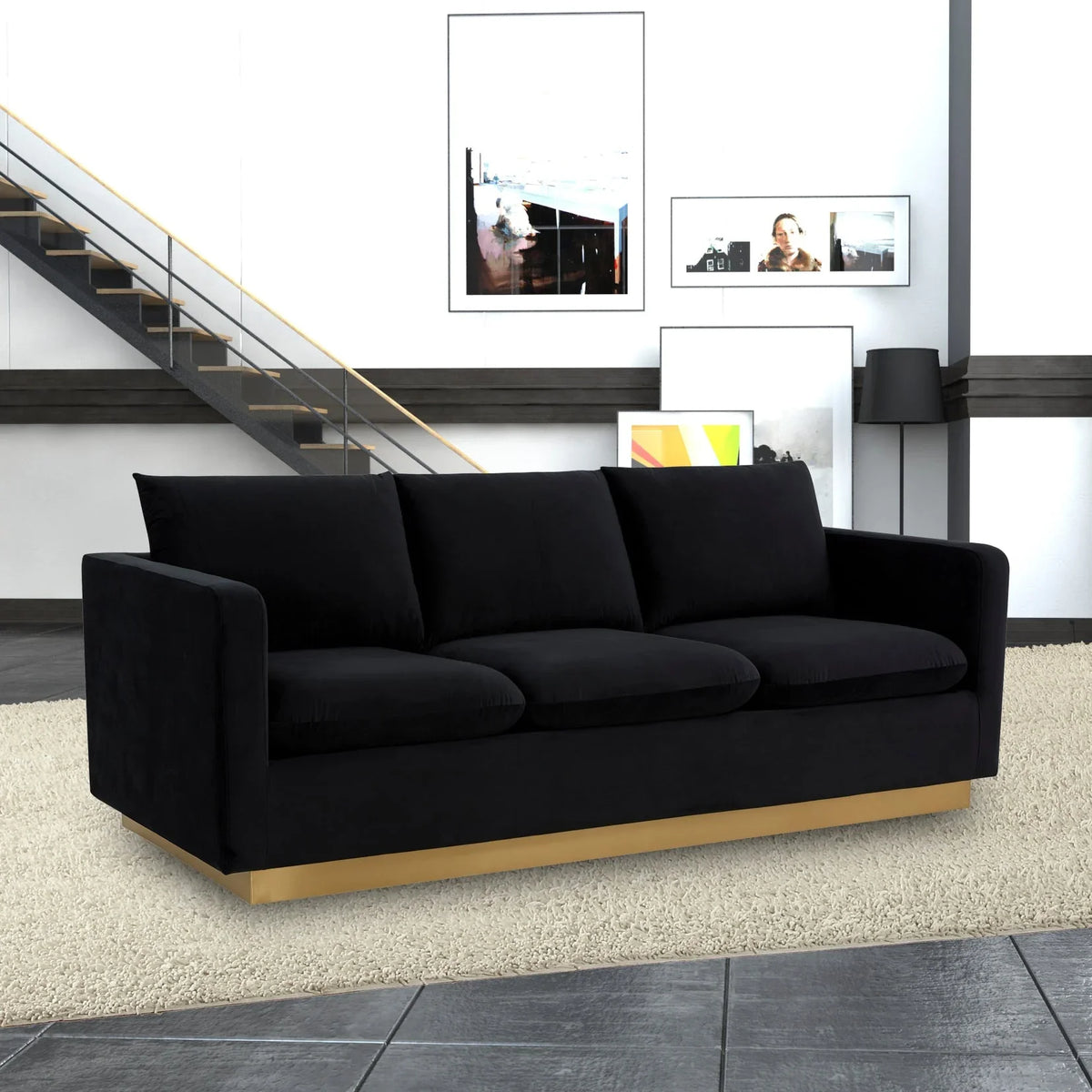 Nervo 3-Seater Velvet/Leather Full Sofa with Gold Stainless Steel Base - Elax Furniture