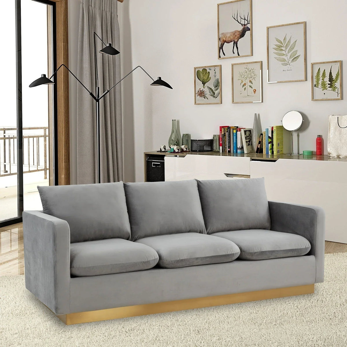 Nervo 3-Seater Velvet/Leather Full Sofa with Gold Stainless Steel Base - Elax Furniture