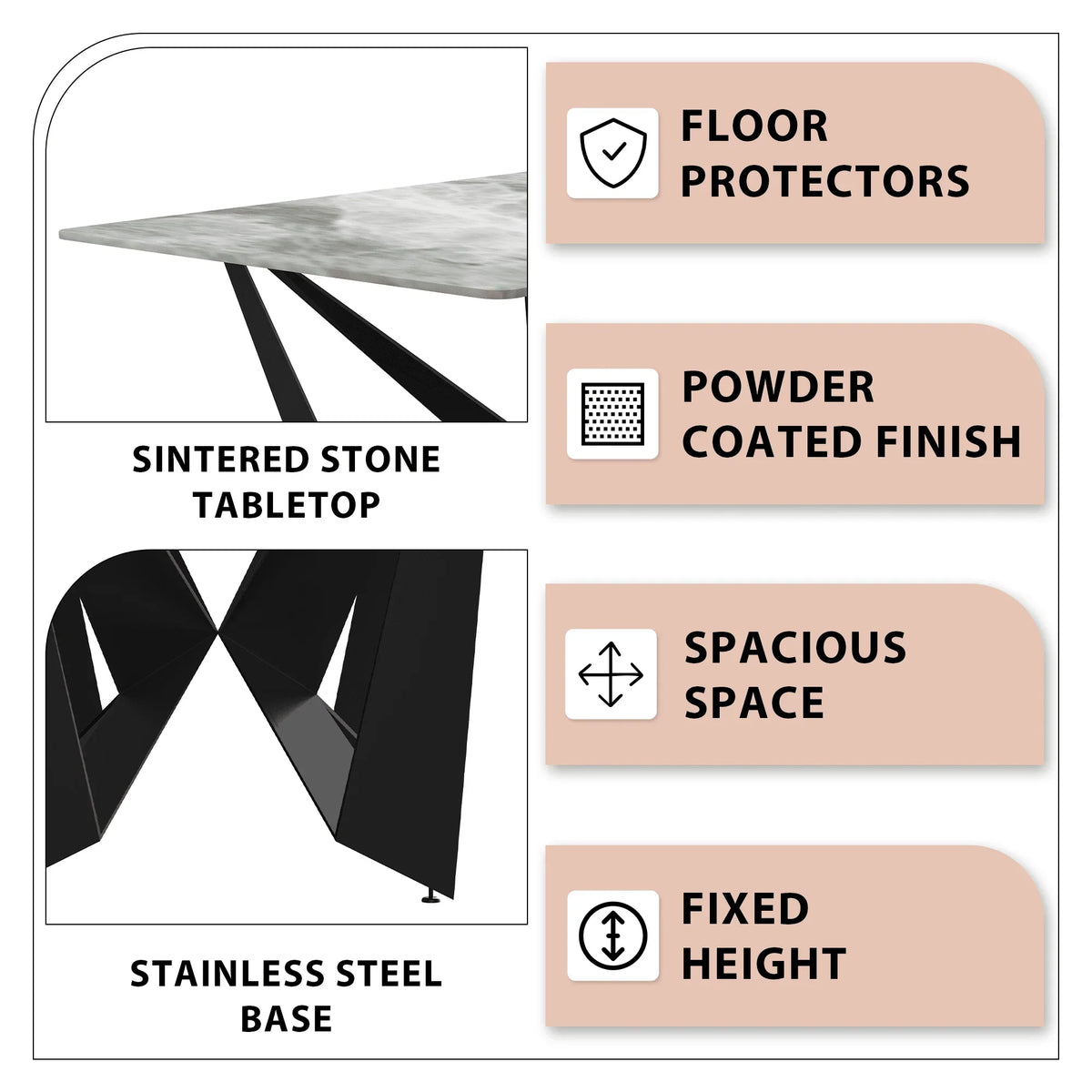 Nuvor Dining Table with Rectangular Sintered Stone/Glass Tabletop and Steel Legs - Elax Furniture