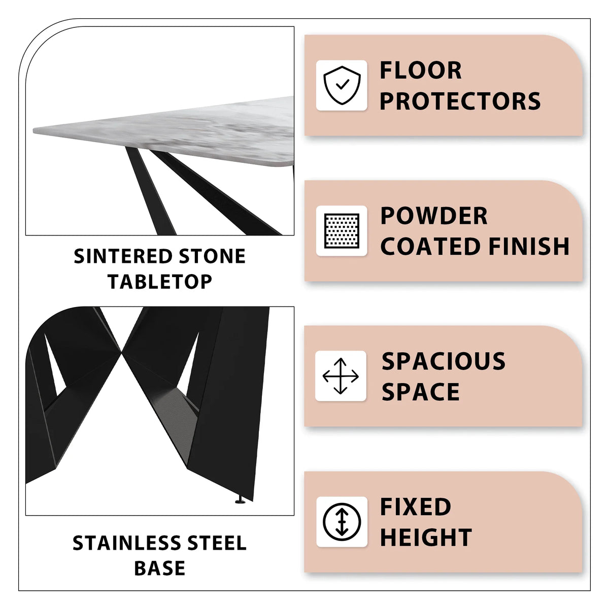 Nuvor Dining Table with Rectangular Sintered Stone/Glass Tabletop and Steel Legs - Elax Furniture