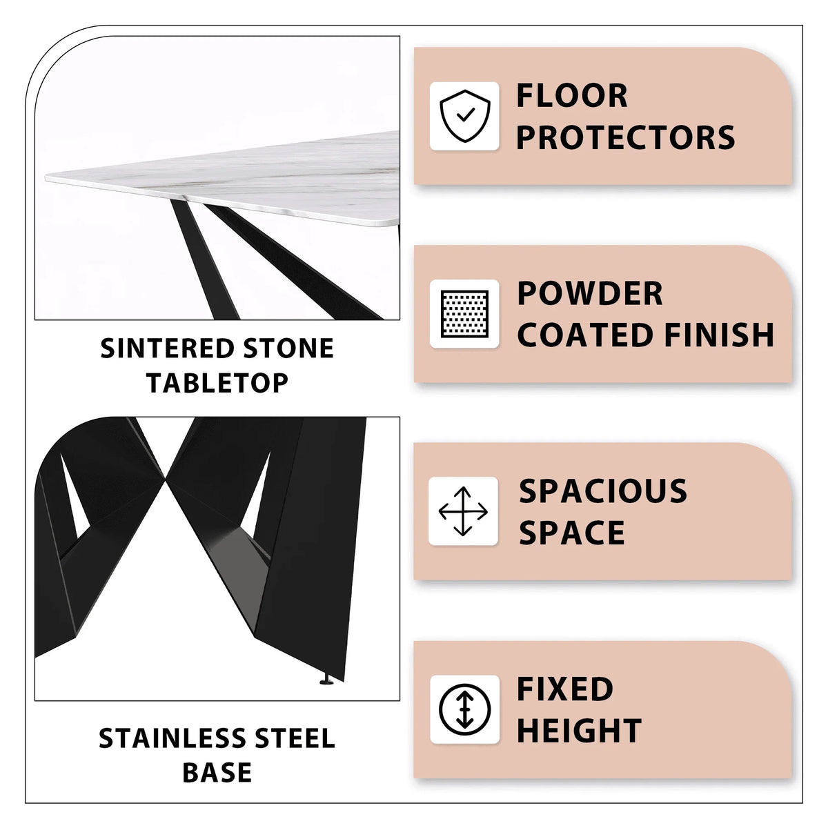 Nuvor Dining Table with Rectangular Sintered Stone/Glass Tabletop and Steel Legs - Elax Furniture