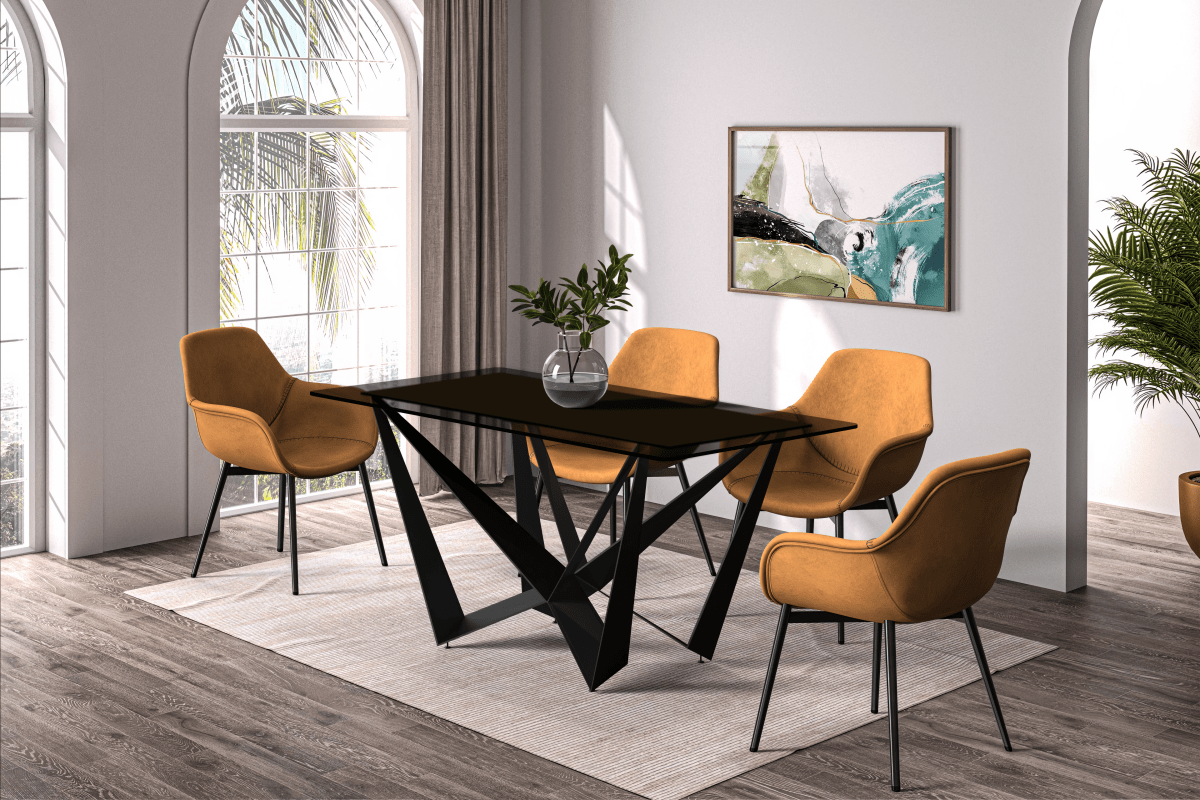 Nuvor Dining Table with Rectangular Sintered Stone/Glass Tabletop and Black Steel Legs Dining Table Leisuremod