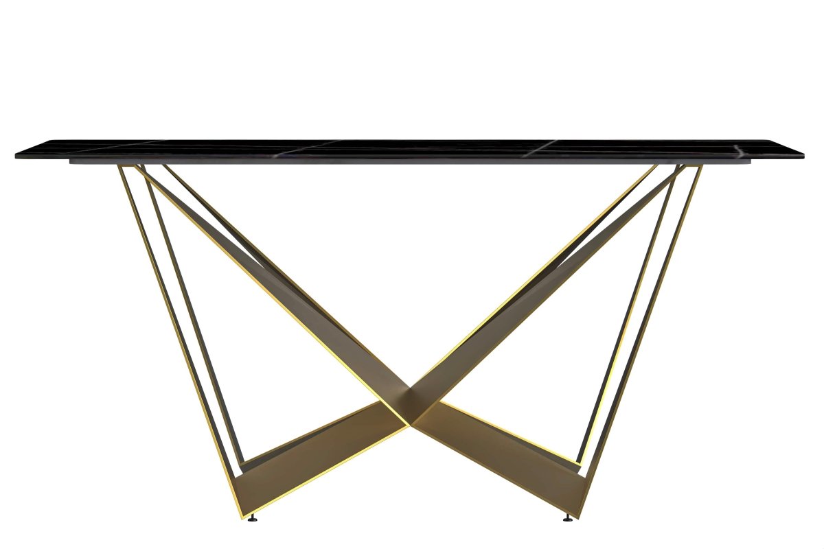 Nuvor Dining Table with Rectangular Sintered Stone/Glass Tabletop and Gold Steel Legs Sintered Stone 62 Inches Wide Deep Grey Dining Table Leisuremod