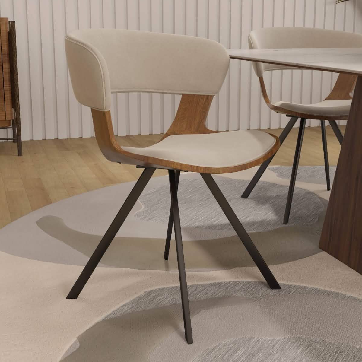 Nymia Upholstered Dining Chair With Saddle Seat Design and Iron Legs Walnut Light Brown Velvet Dining Chair Leisuremod
