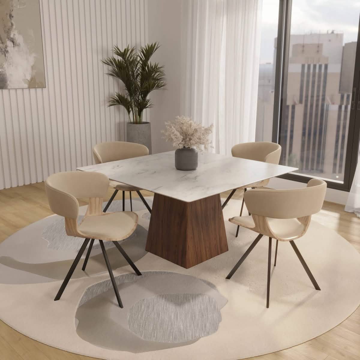 Nymia Upholstered Dining Chair With Saddle Seat Design and Iron Legs Washed Walnut Taupe Dining Chair Leisuremod