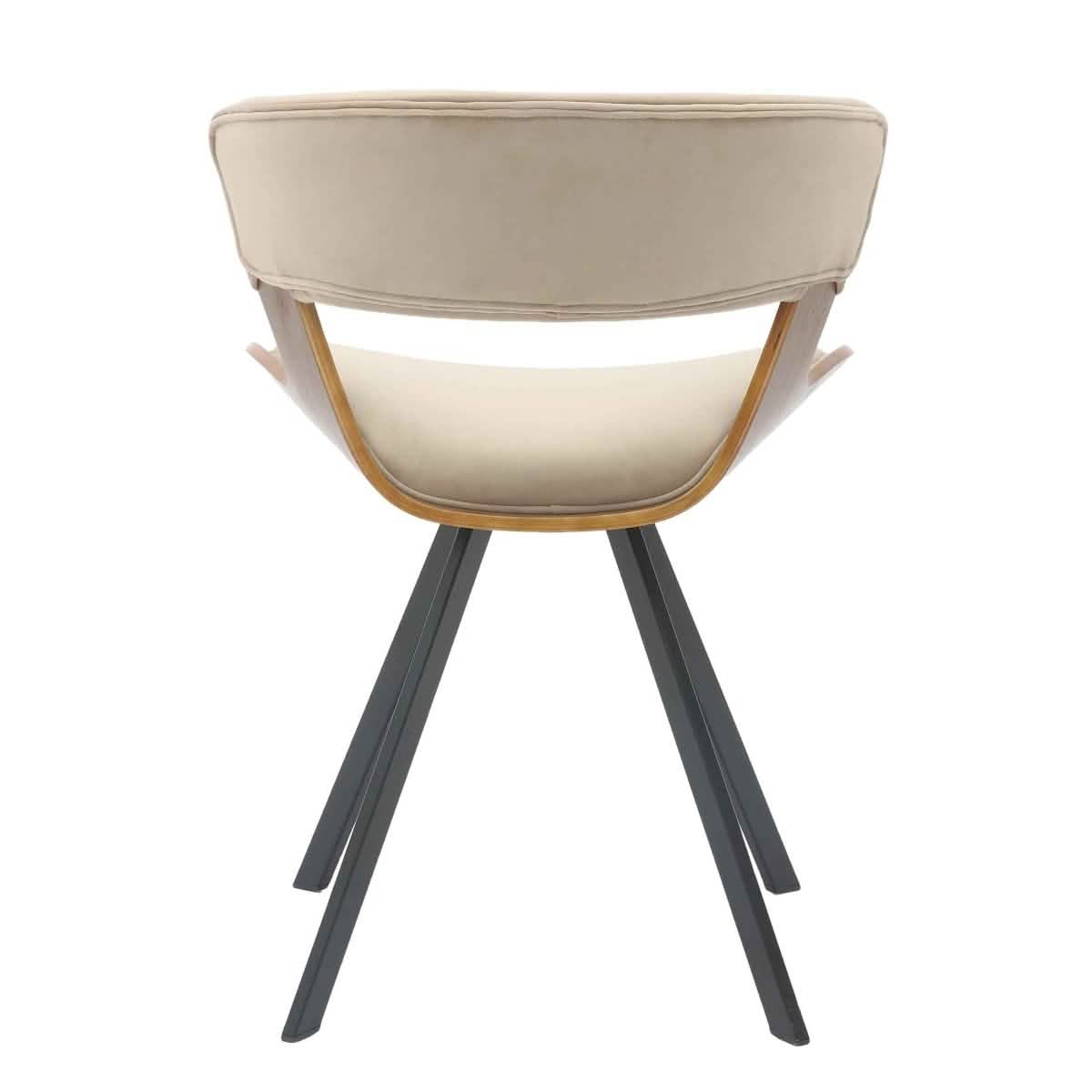 Nymia Upholstered Dining Chair With Saddle Seat Design and Iron Legs Walnut Light Brown Velvet Dining Chair Leisuremod