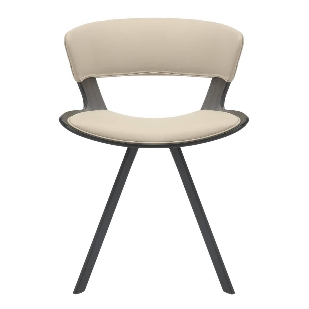 Nymia Upholstered Dining Chair With Saddle Seat Design and Iron Legs Dark Walnut Light Taupe Dining Chair Leisuremod