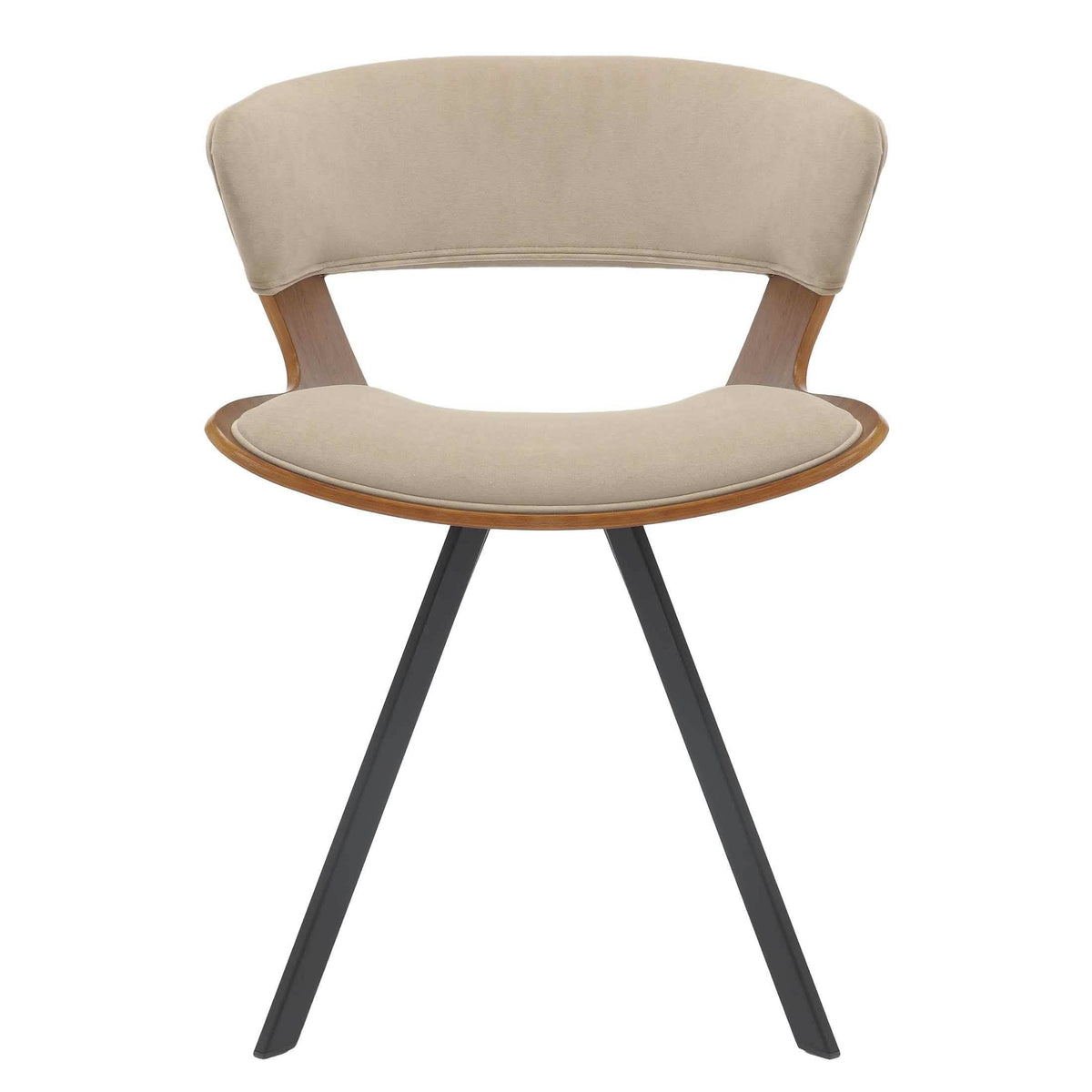Nymia Upholstered Dining Chair With Saddle Seat Design and Iron Legs Walnut Light Brown Velvet Dining Chair Leisuremod
