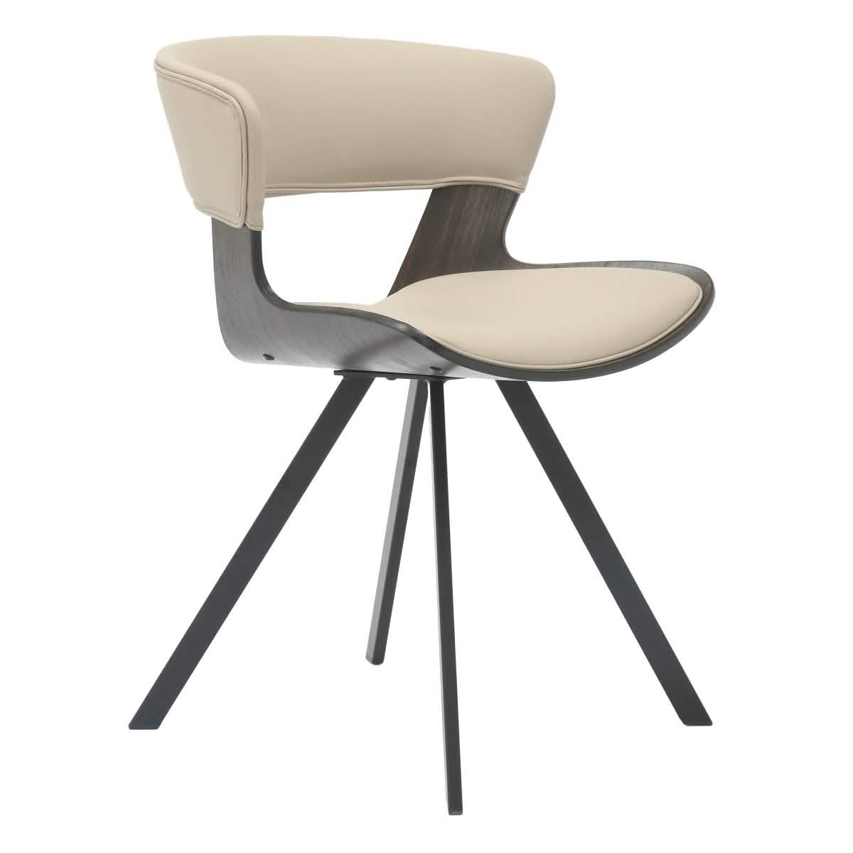 Nymia Upholstered Dining Chair With Saddle Seat Design and Iron Legs Dark Walnut Light Taupe Dining Chair Leisuremod