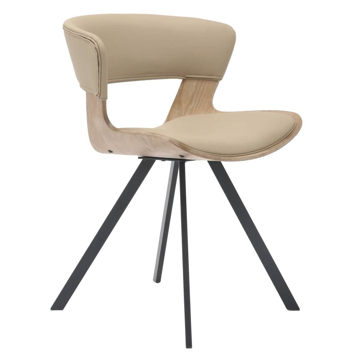 Nymia Upholstered Dining Chair With Saddle Seat Design and Iron Legs Washed Walnut Taupe Dining Chair Leisuremod
