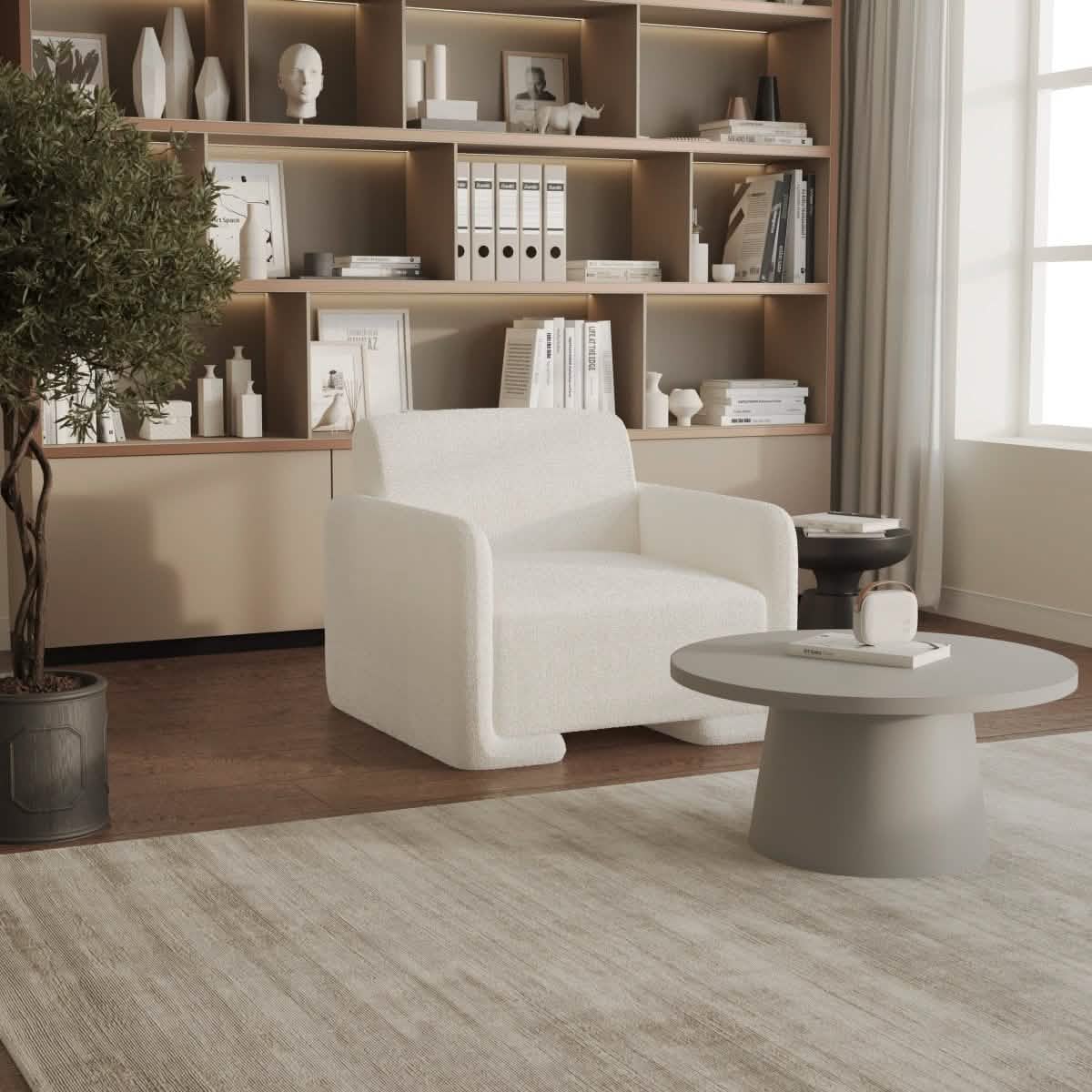 Nyta Accent Chair Upholstered in Linen/Boucle with Pine Wood Frame White Boucle Sofa Leisuremod
