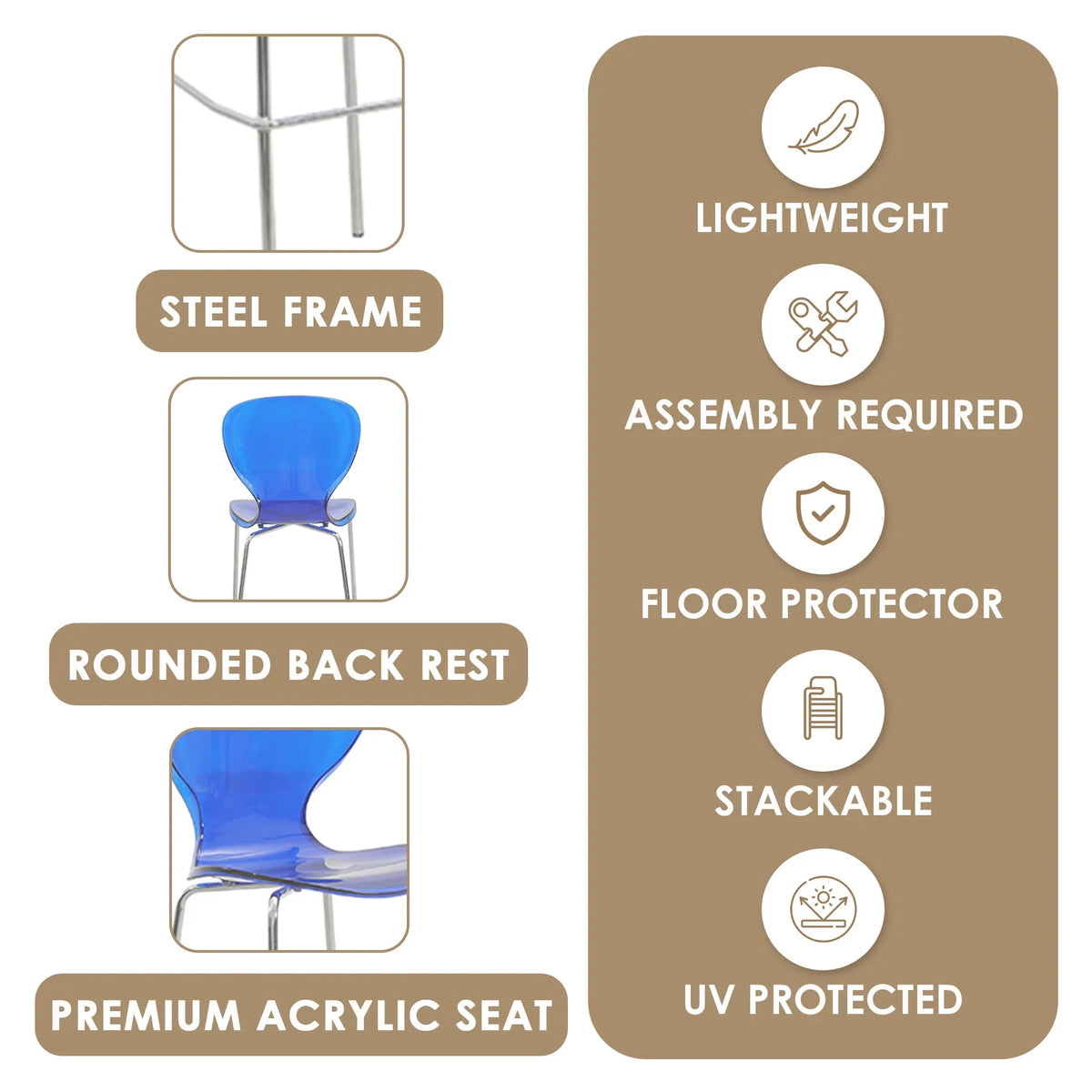 Oyster Mid-Century Modern Acrylic Barstool with Steel Frame in Chrome Finish for Kitchen and Dining Room - Elax Furniture