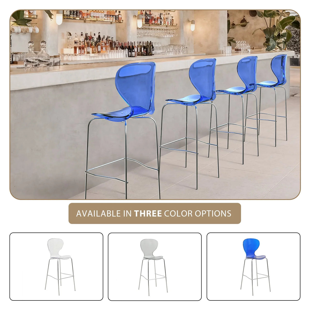 Oyster Mid-Century Modern Acrylic Barstool with Steel Frame in Chrome Finish for Kitchen and Dining Room - Elax Furniture