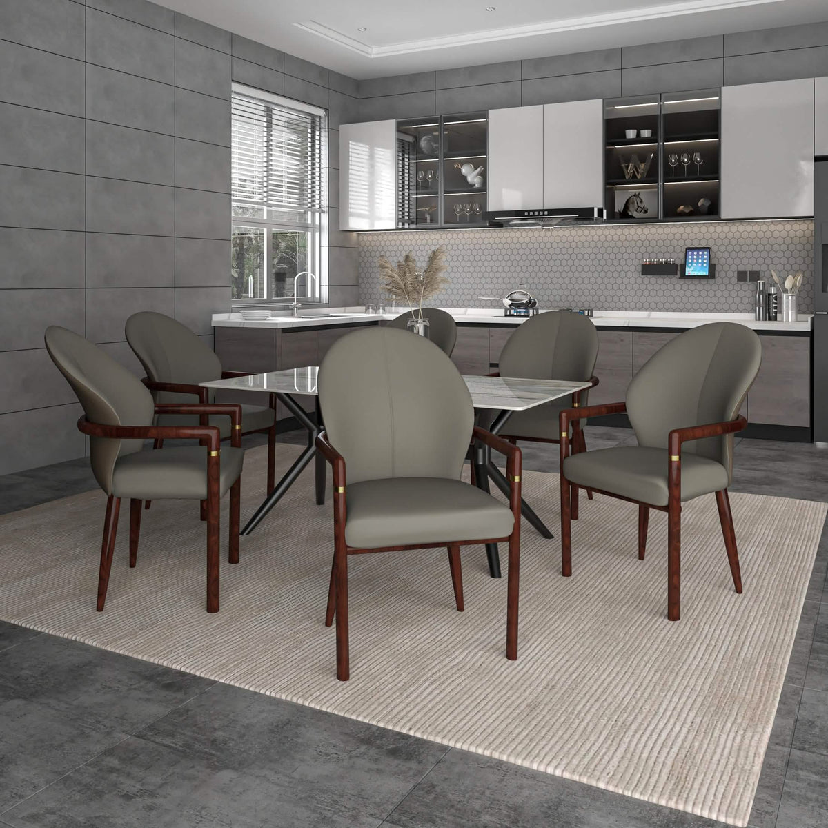 Opaline Dining Chair in Velvet or Leather Upholstery with Rubberwood Frame with Gold Accents Khaki Leather Dining Chair Leisuremod
