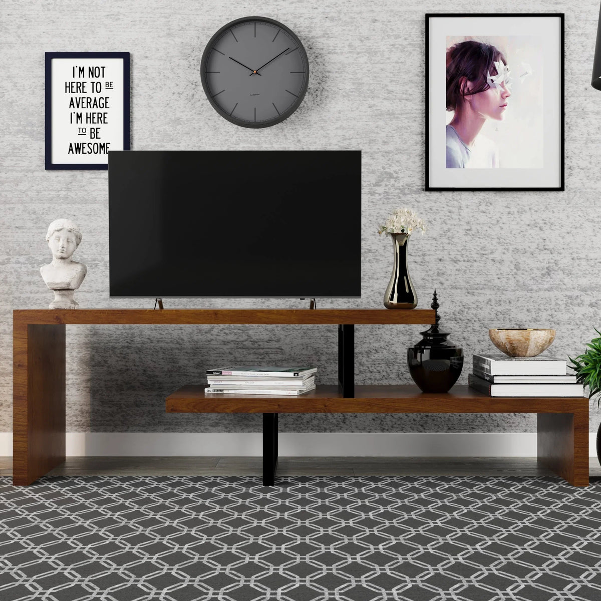 Orford Mid-Century Modern TV Stand with MDF Shelves and Powder Coated Iron Legs for Living Room - Elax Furniture