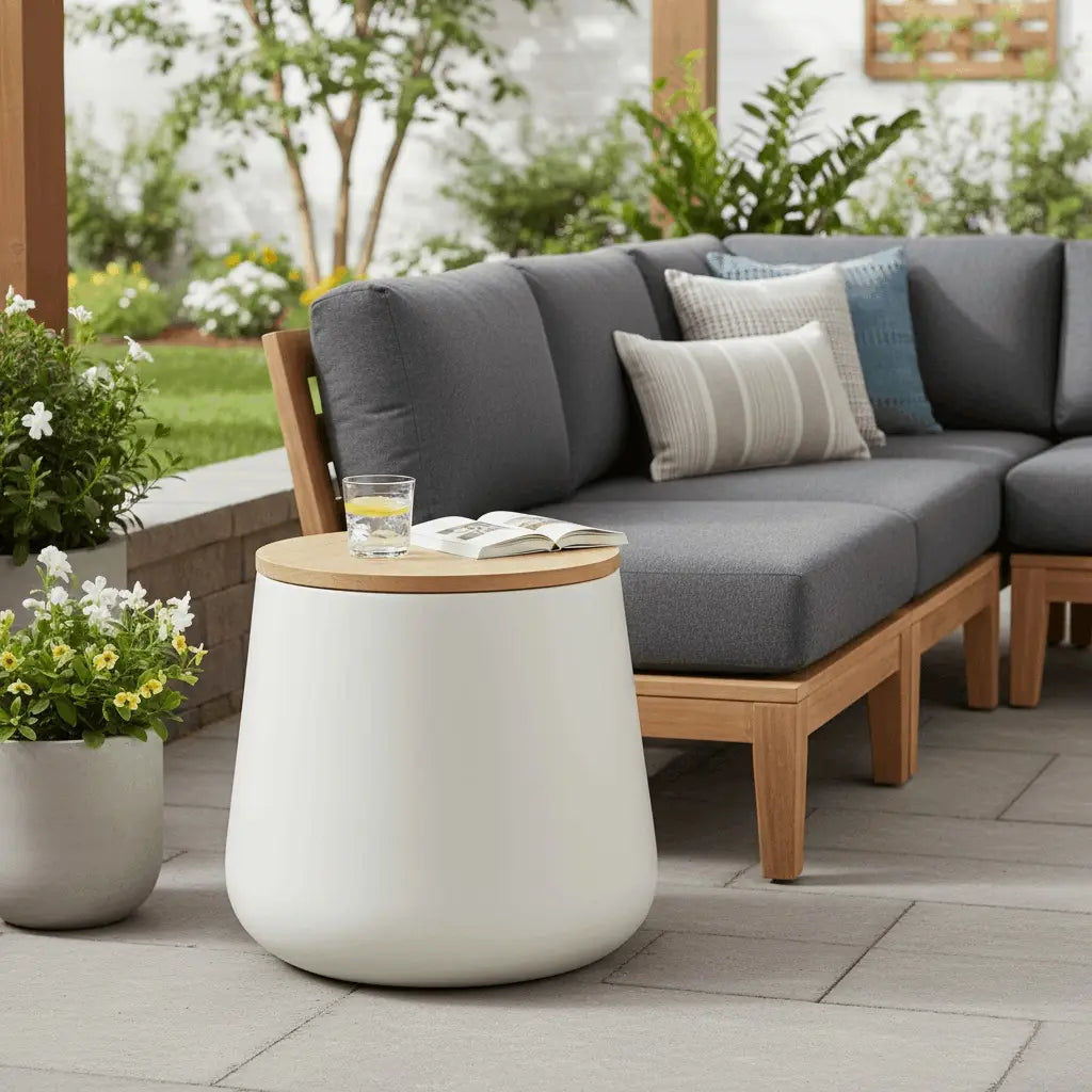 Orunel Modern Round Fiberstone Side Table with Hidden Storage β Indoor Outdoor Accent Table