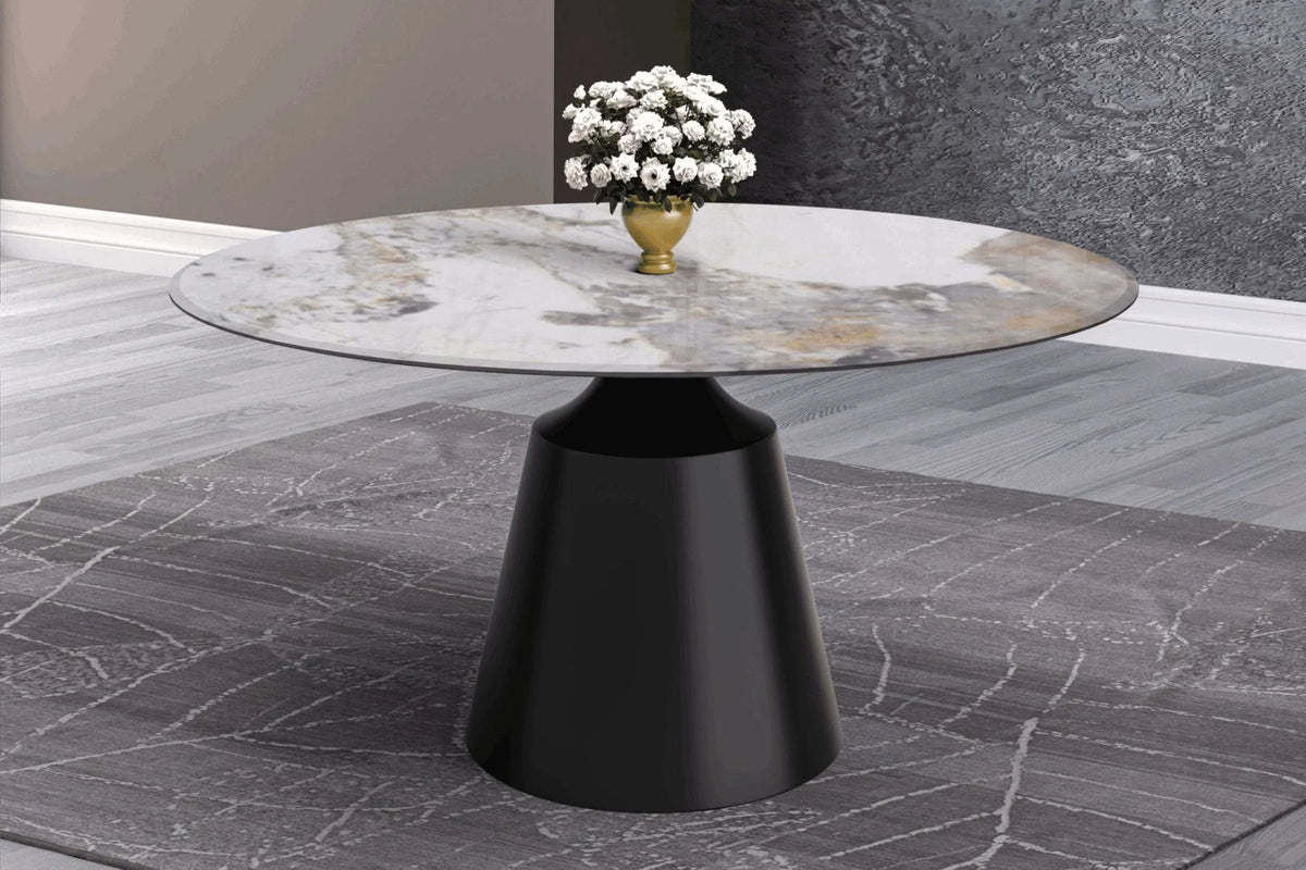 Prynn Modern Round Dining Table with a Sintered Stone/Glass Top in Stainless Steel - Elax Furniture