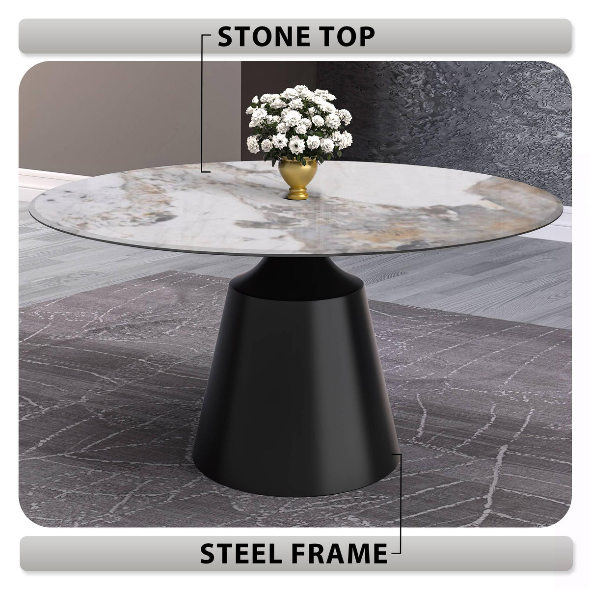 Prynn Modern Round Dining Table with a Sintered Stone/Glass Top in Stainless Steel - Elax Furniture