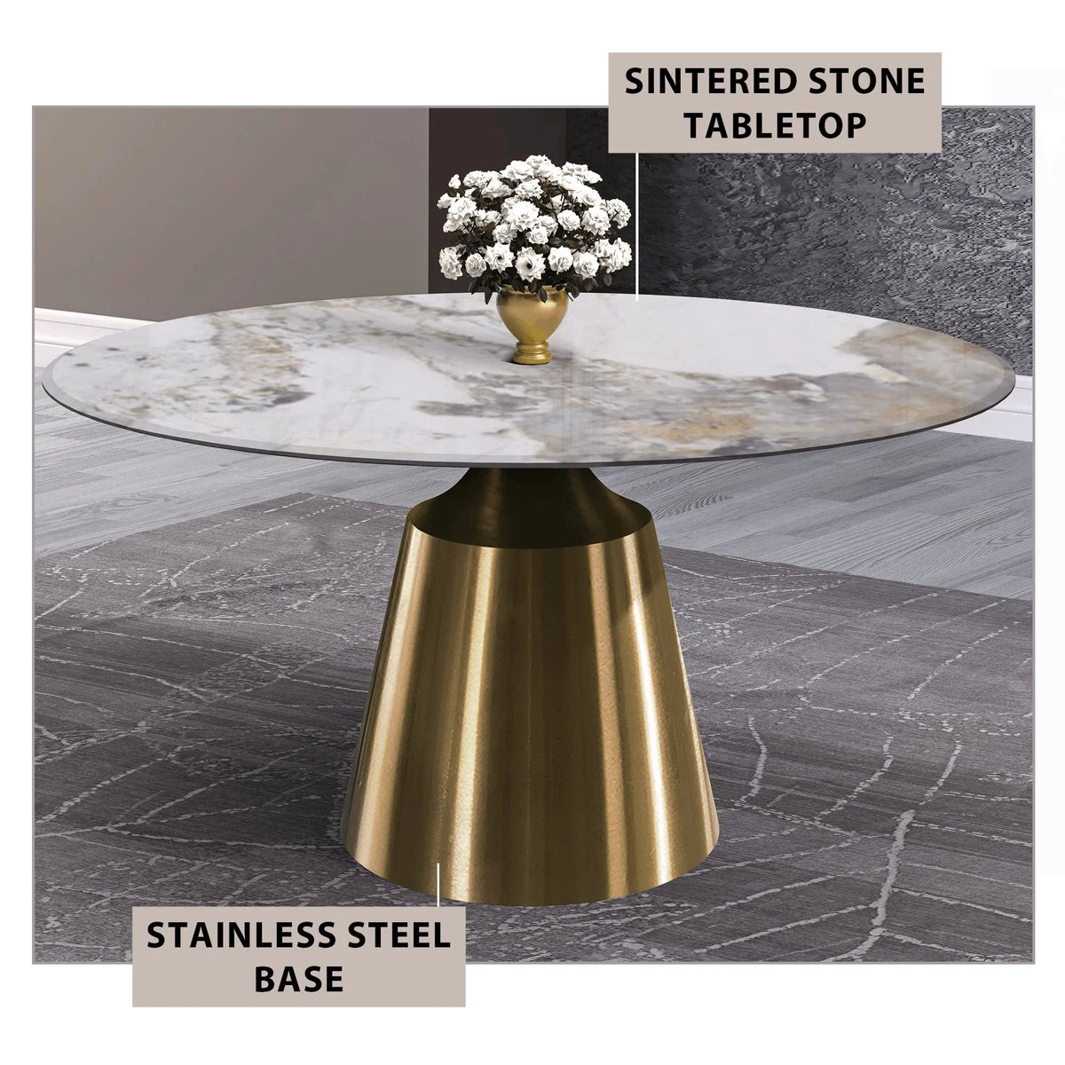 Prynn Modern Round Dining Table with a Sintered Stone/Glass Top in Stainless Steel - Elax Furniture