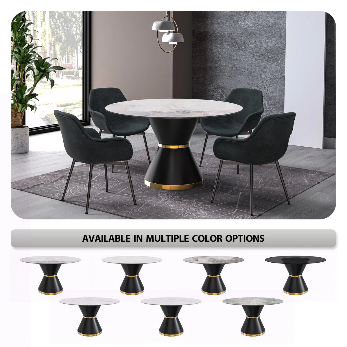 Modern Round Dining Table with a Glass/Stone Tabletop in Stainless Steel Seats 6-10 Qorvus Collection - Elax Furniture