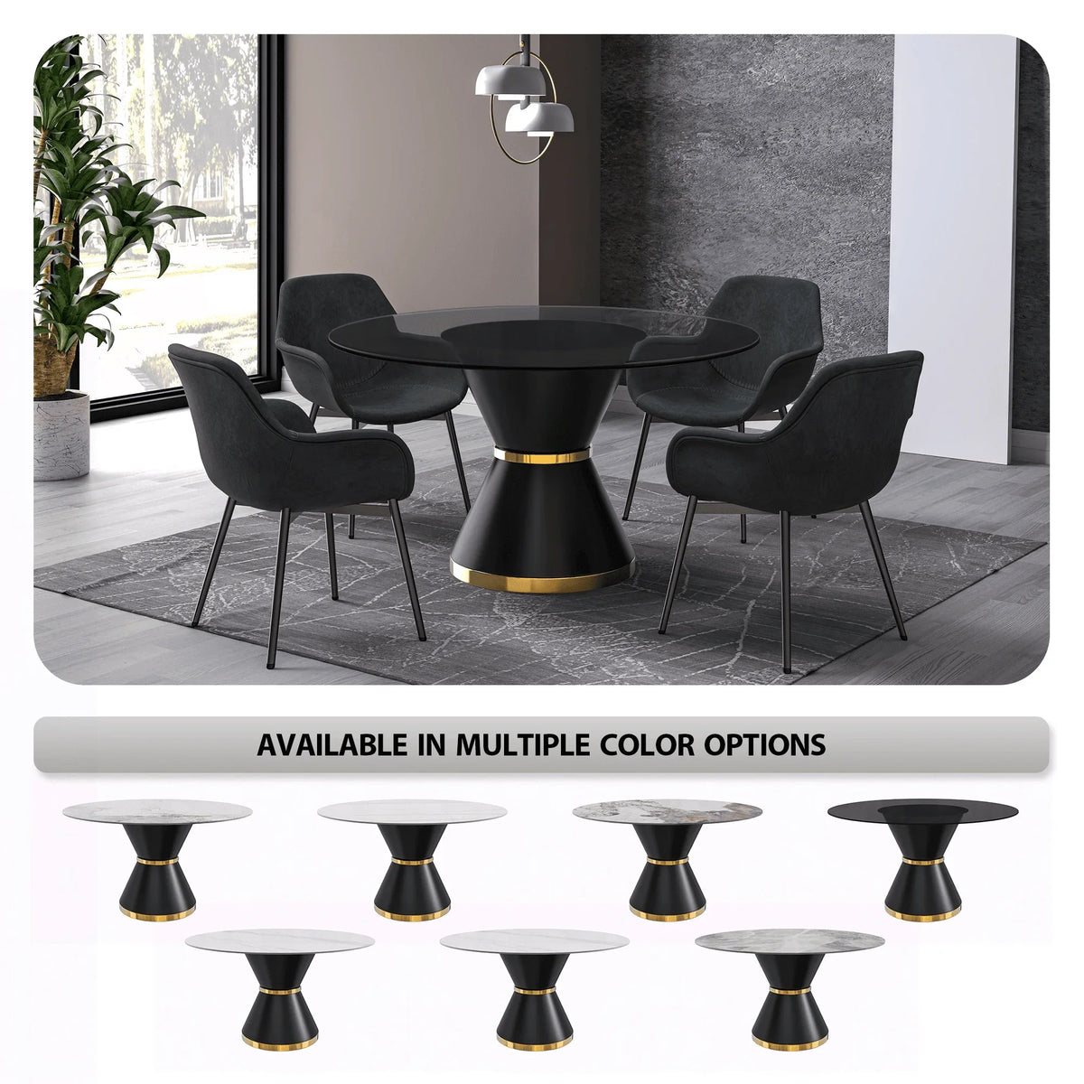 Modern Round Dining Table with a Glass/Stone Tabletop in Stainless Steel Seats 6-10 Qorvus Collection - Elax Furniture