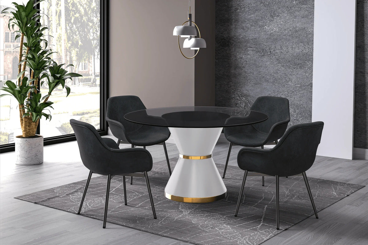 Modern Round Dining Table with a Glass/Stone Tabletop in Stainless Steel Seats 6-10 Qorvus Collection - Elax Furniture