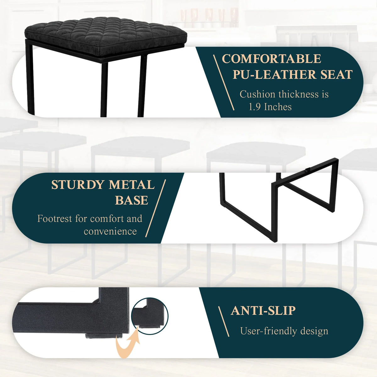 Quincy Quilted Stitched Leather Bar Stools With Metal Frame - Elax Furniture