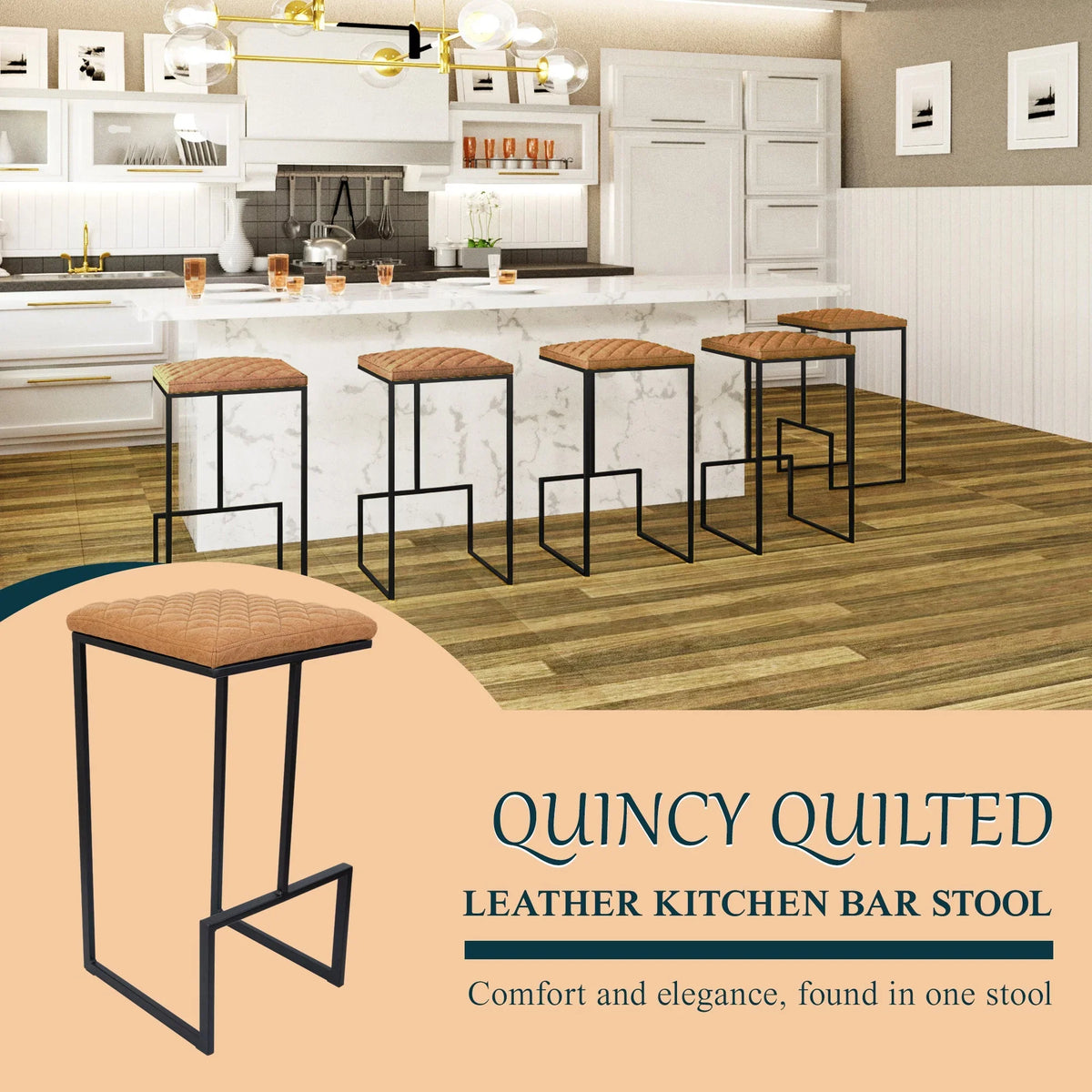 Quincy Quilted Stitched Leather Bar Stools With Metal Frame - Elax Furniture