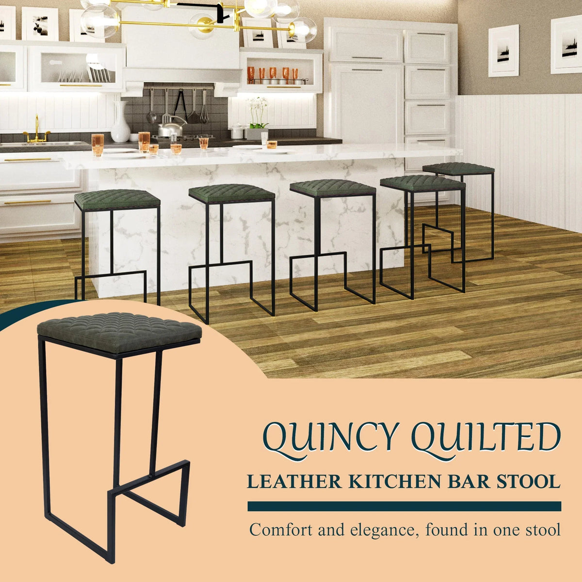 Quincy Quilted Stitched Leather Bar Stools With Metal Frame - Elax Furniture