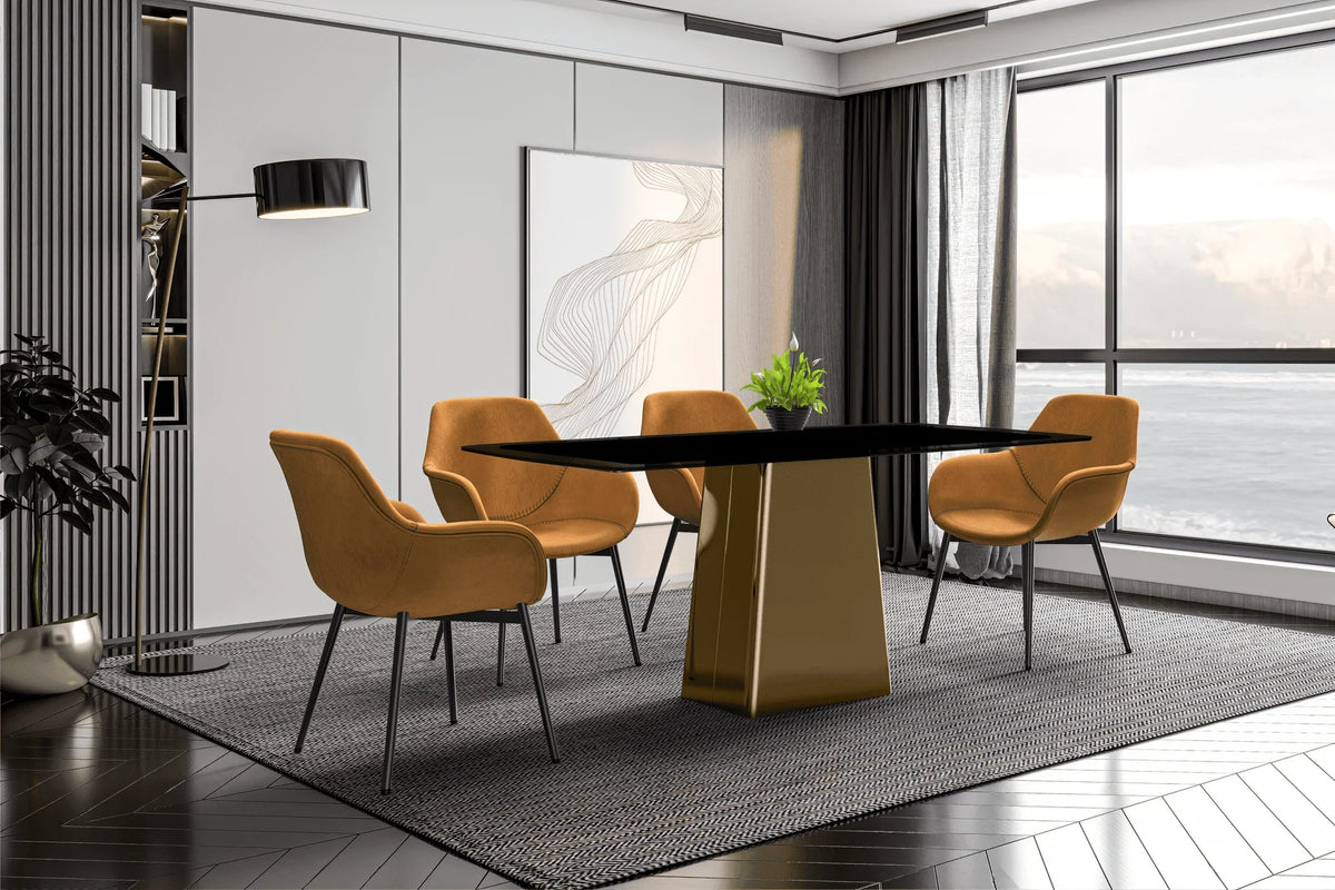 Quinix Rectangular Dining Table with Sintered Stone or Glass Rectangular Top and Gold Stainless Steel Base - Elax Furniture