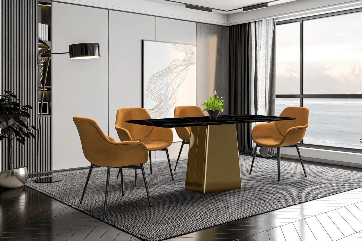 Quinix Rectangular Dining Table with Sintered Stone or Glass Rectangular Top and Gold Stainless Steel Base - Elax Furniture