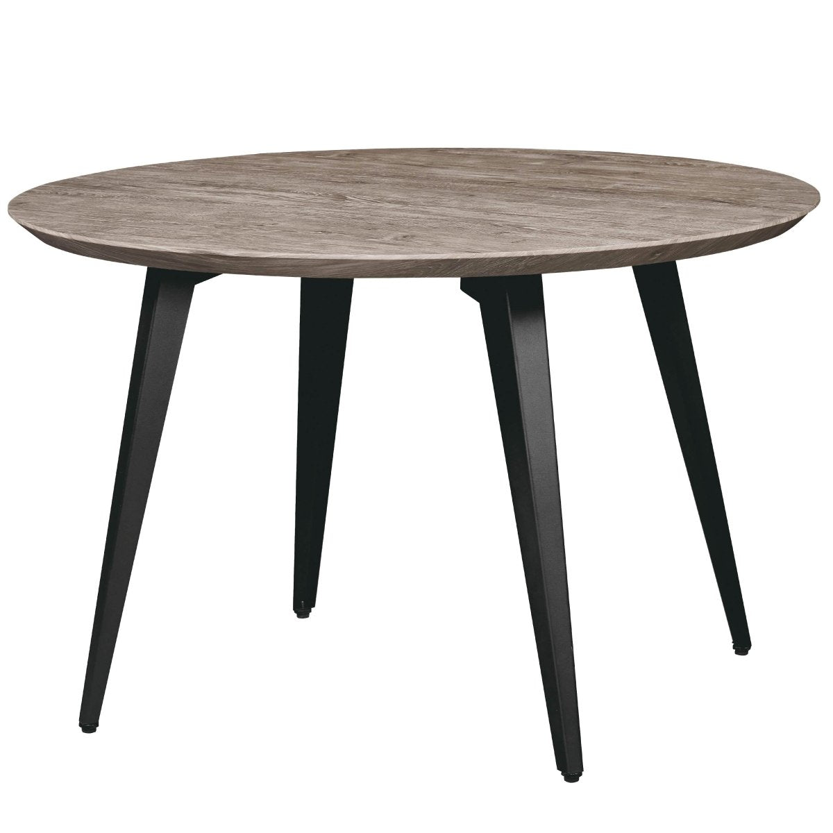 Ravenna Modern Round Wood 47" Dining Table With Metal Legs Weathered Oak Dining Table Leisuremod